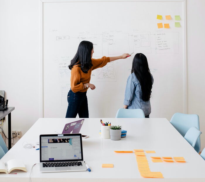 Kolleginnen erarbeiten ein Konzept am Whiteboard